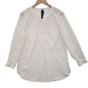 Chicos Black Label White Sheer Sleeve Pleated Tunic Blouse Top Size M Minimalist